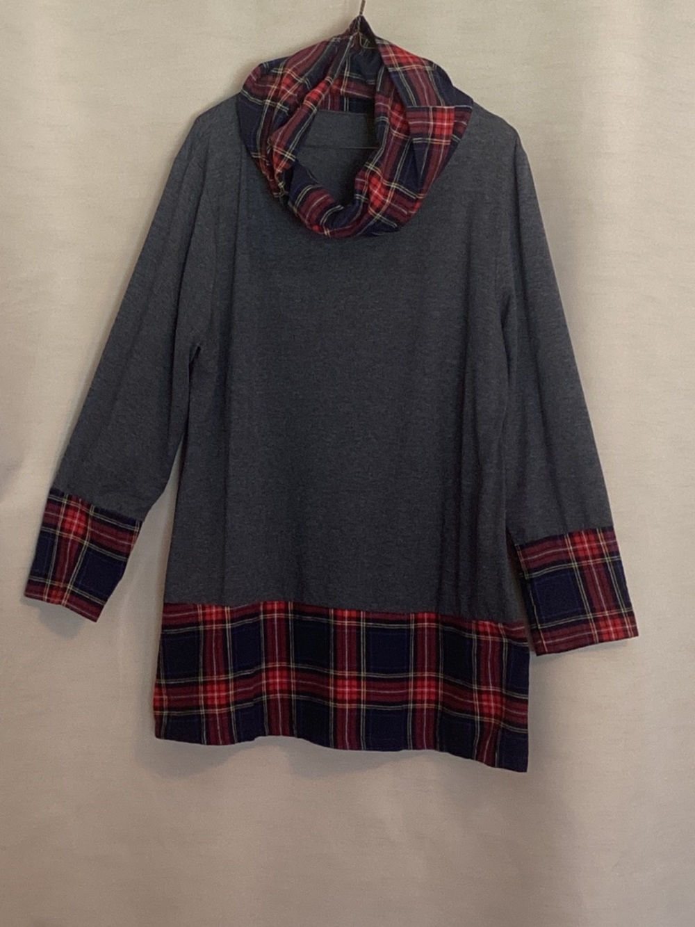 Cozy Gray Tunic with Red & Navy Plaid Trim